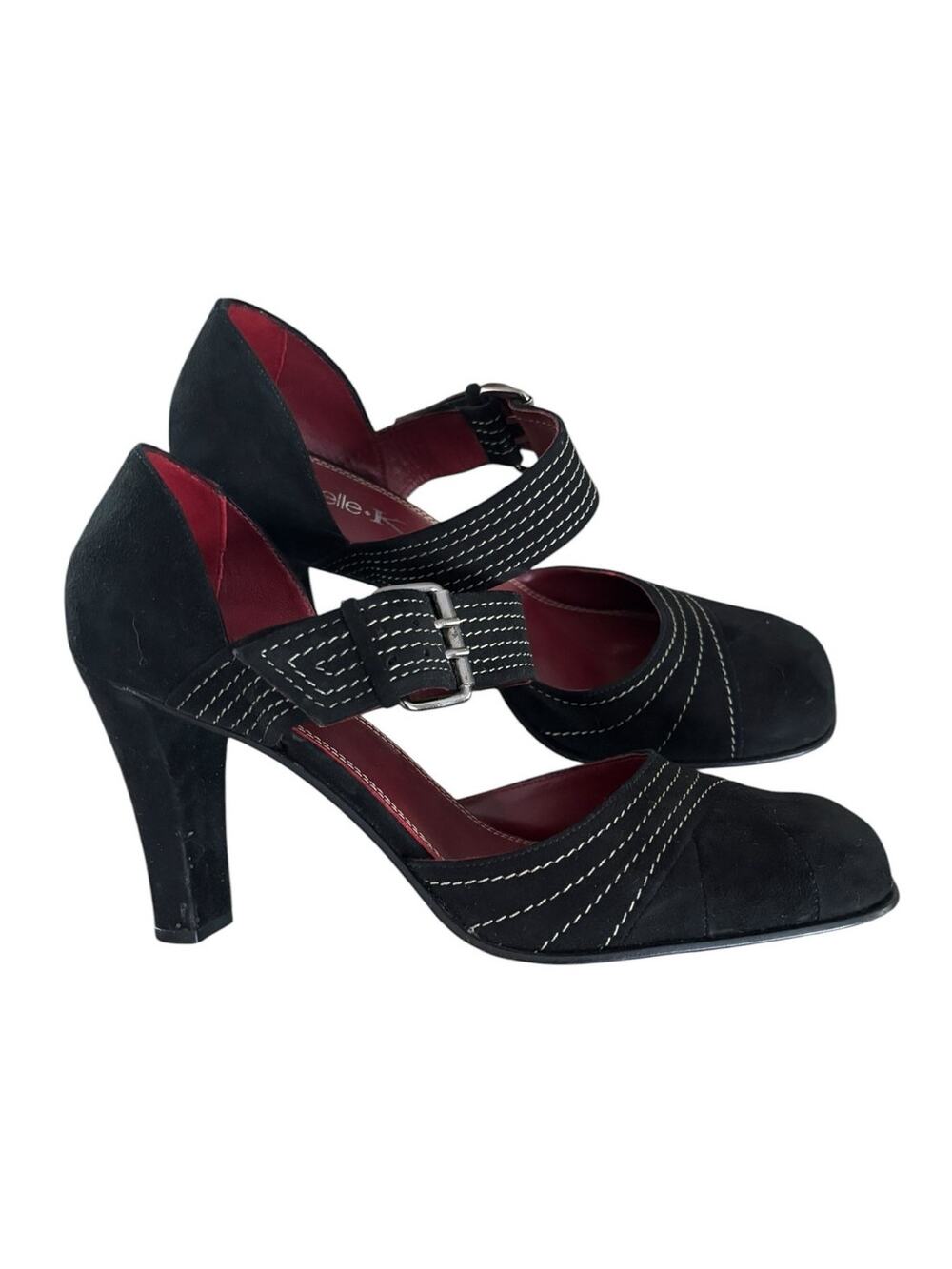 Vintage Michelle K Ankle Strap Heels Size 8.5 Black Suede Whipstitch Dance